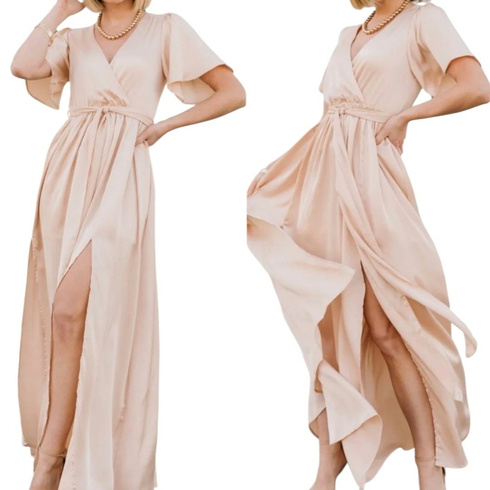 Baltic Born Sicily Satin Maxi Dress Sz S Beige Natural Flutter Sleeve Tie Waist